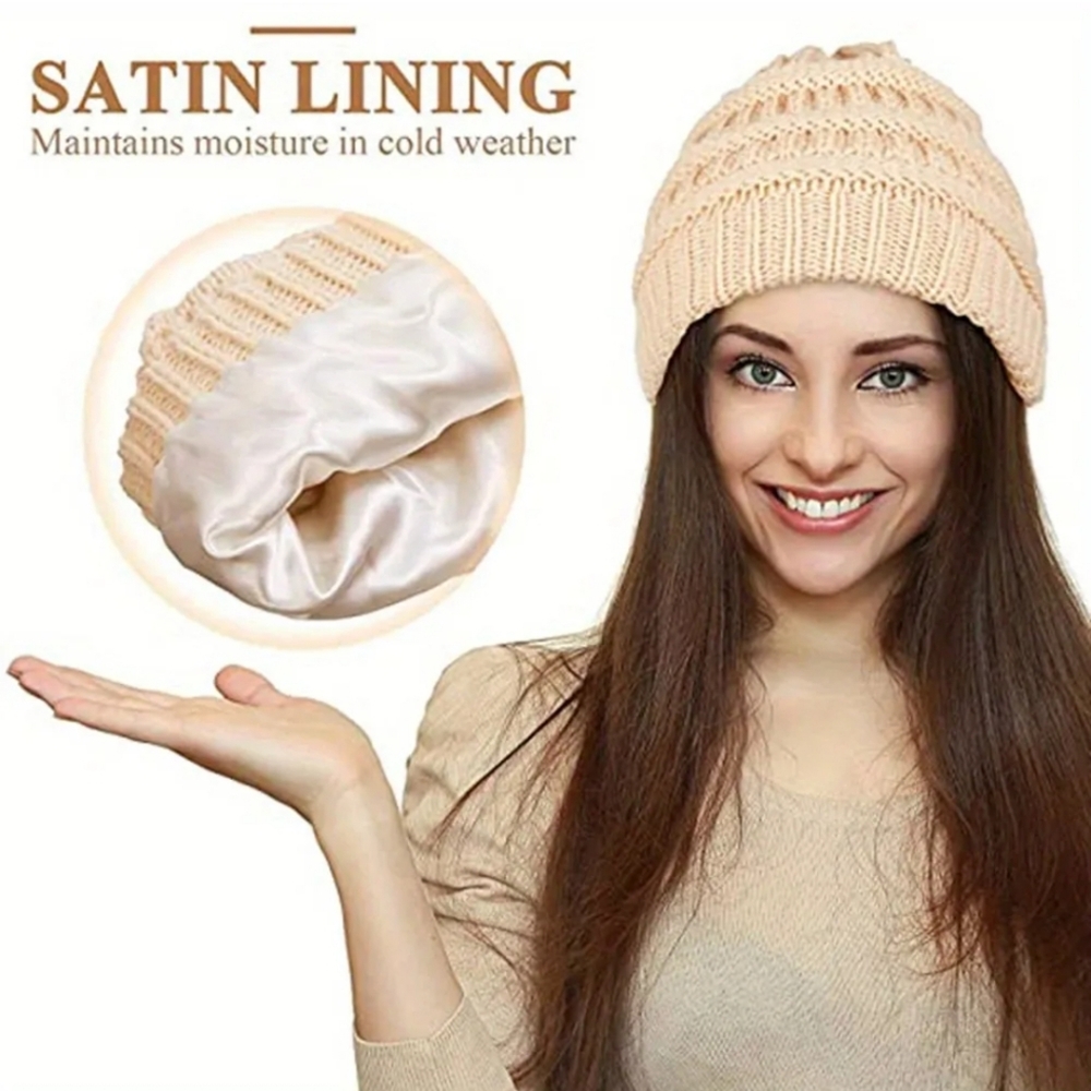 Chunky Knit Beige Beanie Cap Hat, Satin Lined